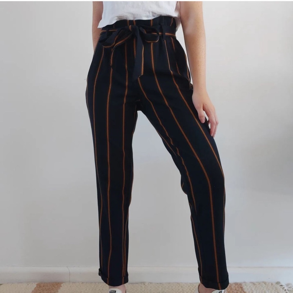 FREE Zara Black and Brown Striped Paper Bag Waist Pants